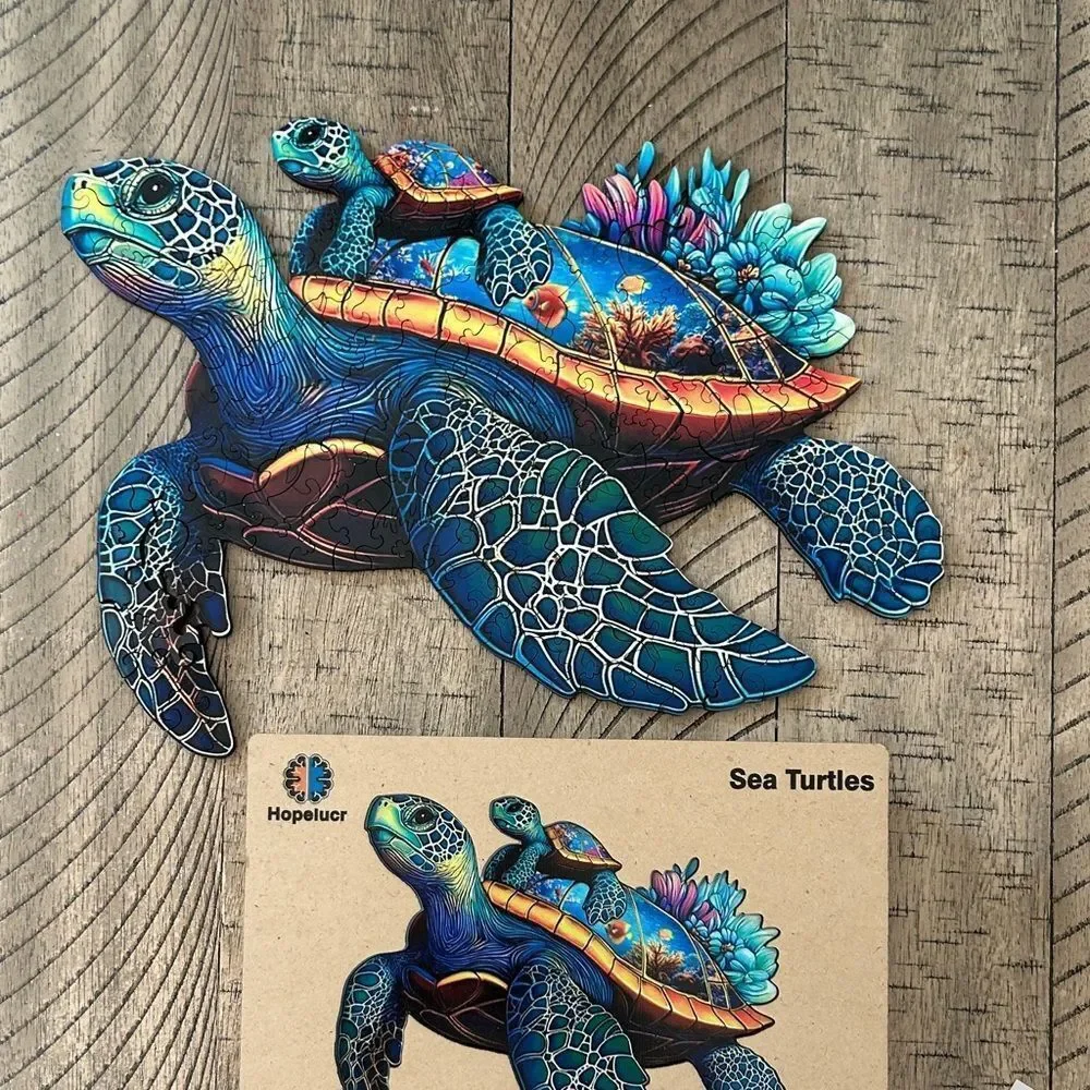 Colorful Sea Turtle Art 🖼️ Puzzle 🧩 wood box & burlap bag